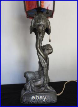1920's Art Deco Table Lamp with Red Slag Glass Shade Hemera Greek Goddess Light