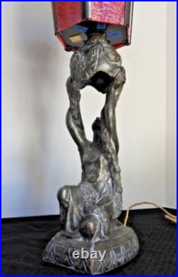 1920's Art Deco Table Lamp with Red Slag Glass Shade Hemera Greek Goddess Light