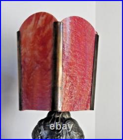 1920's Art Deco Table Lamp with Red Slag Glass Shade Hemera Greek Goddess Light