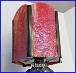 1920's Art Deco Table Lamp with Red Slag Glass Shade Hemera Greek Goddess Light