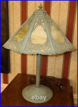 1920's Edward Miller & Co Bronzed 6 Panel Slag Glass 20 Table Lamp