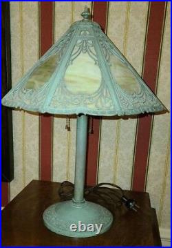 1920's Edward Miller & Co Bronzed 6 Panel Slag Glass 20 Table Lamp