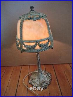 1920's Edward Miller Custard Slag Glass Cast Metal Frame Table Lamp 15