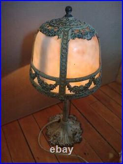 1920's Edward Miller Custard Slag Glass Cast Metal Frame Table Lamp 15