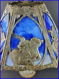 1920's Six Panel Native American Indian and Horse Blue Slag Glass Table Lamp VTG