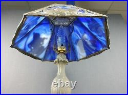 1920's Six Panel Native American Indian and Horse Blue Slag Glass Table Lamp VTG