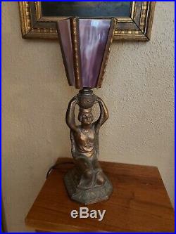 1920s-1930s Art Deco Figural Radio Lite Lamp Slag Glass Flapper Maiden Works