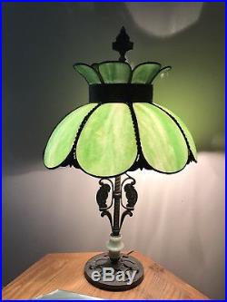 1920s Art nouveau Green Slag Glass tulip Parrot Lamp