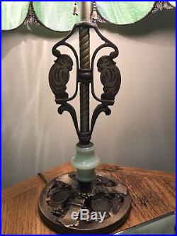 1920s Art nouveau Green Slag Glass tulip Parrot Lamp