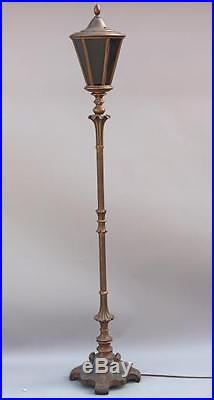 1920s Floor Lamp Torchiere Wood & Gesso Slag Glass Antique English Tudor (5329)