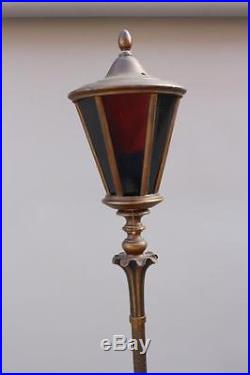 1920s Floor Lamp Torchiere Wood & Gesso Slag Glass Antique English Tudor (5329)