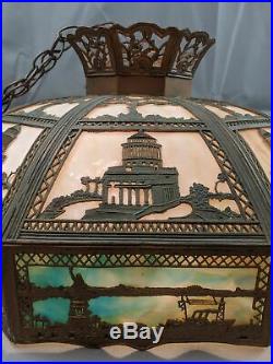 1920s Grants Tomb & Statue of Liberty New York Curved Slag Glass Hanging Lamp