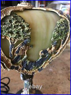 1920s Metal & Green Slag Glass Asian Motif Fairy Lamp 13.5 BEAUTIFUL