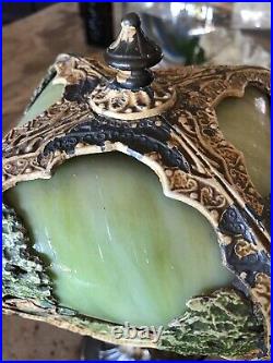 1920s Metal & Green Slag Glass Asian Motif Fairy Lamp 13.5 BEAUTIFUL