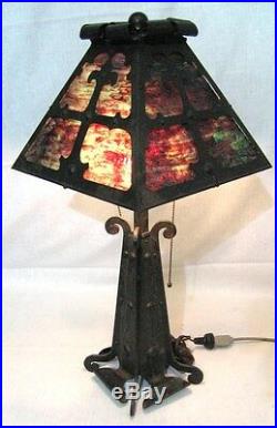 1920s Scrolled & Cut Metal Arts & Crafts Style Table Lamp Slag Glass Shade