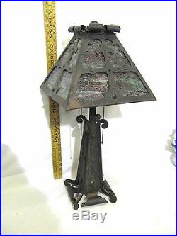 1920s Scrolled & Cut Metal Arts & Crafts Style Table Lamp Slag Glass Shade