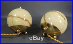 1930's German Bauhaus Art Deco Gild Marbled Slag Glass Globes Table Lamps Pair