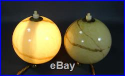 1930's German Bauhaus Art Deco Gild Marbled Slag Glass Globes Table Lamps Pair