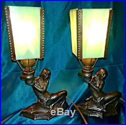 1930s Art Deco Iron Boudoir Burlesque Risque Nude Lamp Pair withSlag Glass Shades