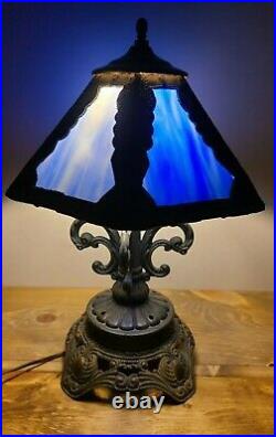 1970s EF & EF Industries Brass Lamp with Blue Slag Glass Shade