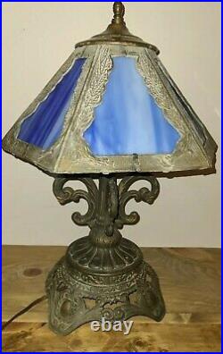 1970s EF & EF Industries Brass Lamp with Blue Slag Glass Shade