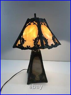19 Antique Lead Art Nouveau 6 Panel Shade 4 Panel Base Amber Slag Glass Lamp