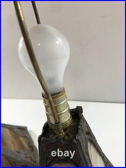 19 Antique Lead Art Nouveau 6 Panel Shade 4 Panel Base Amber Slag Glass Lamp