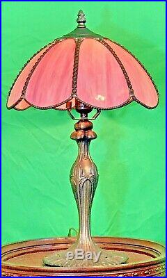 19 Rose Pink Slag Glass Tulip Lilly Lotus Flower Shade Brass Stand Table Lamp