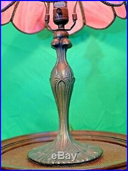 19 Rose Pink Slag Glass Tulip Lilly Lotus Flower Shade Brass Stand Table Lamp