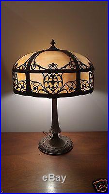 19th C Art Nouveau Bent Slag Glass Filagree Overlay Table Lamp NR