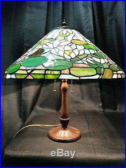 1 Day Sale! Antique HANDEL Bronze Lamp Lotus Leaded Stained Slag Glass Shade