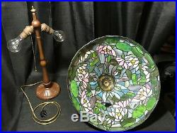 1 Day Sale! Antique HANDEL Bronze Lamp Lotus Leaded Stained Slag Glass Shade