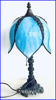 20 Blue Stained-Glass Tulip Slag Table Lamp Nightstand Retro 60s Home MCM Art 20 Blue Stained-Glass Tulip Slag Table Lamp Nightstand Retro 60s Home MCM Art