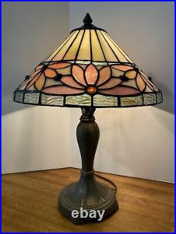 20 Floral Tiffany Style Slag Glass Lamp with Metal Base Pink Mauve Green