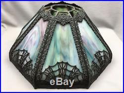 21.5 Antique Arts & Crafts Purple Blue Green Slag Glass Panel Lamp w 1281 Base