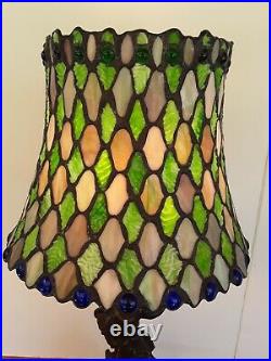 23 LAMP Leaded Stain Glass SHADE in Green Blue Purple Slag & Bronze Cherub BASE