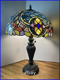 24 Blue Moon Slag/Stained Glass Lamp Double Socket Metal Leaf Pattern Base