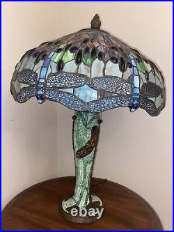 29 Emerald Mosaic Slag Glass Lamp 3 bulb Dragonfly Motif