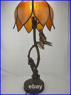 29 SLAG STAINED GLASS SHADE With MONKEYS On A PALM TREE TABLE LAMP