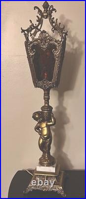 29 Vintage Cherub Putti Lamp Slag Glass Panels Pat Pend 645 Marble Base