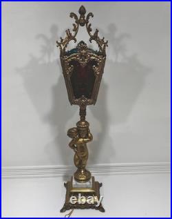 29 Vintage Cherub Putti Lamp Slag Glass Panels Pat Pend 645 Marble Base