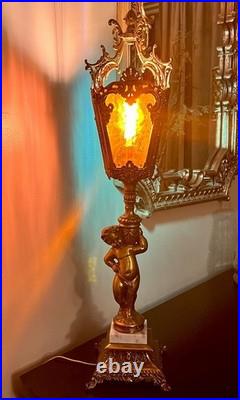 29 Vintage Cherub Putti Lamp Slag Glass Panels Pat Pend 645 Marble Base