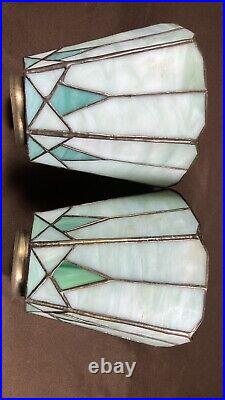 2 Antique 6 Side Art Deco Arts Crafts Slag Glass Lamp Light Pendant Sconce Shade