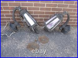 2 Antique Cast Iron & Slag Glass Gothic Architectural Wall Lamp Light Sconces