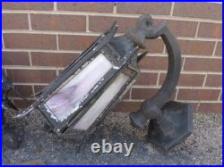 2 Antique Cast Iron & Slag Glass Gothic Architectural Wall Lamp Light Sconces