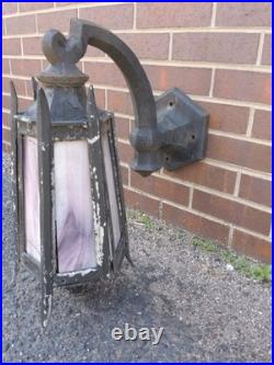 2 Antique Cast Iron & Slag Glass Gothic Architectural Wall Lamp Light Sconces