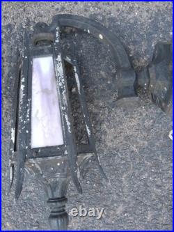 2 Antique Cast Iron & Slag Glass Gothic Architectural Wall Lamp Light Sconces