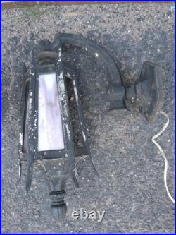 2 Antique Cast Iron & Slag Glass Gothic Architectural Wall Lamp Light Sconces