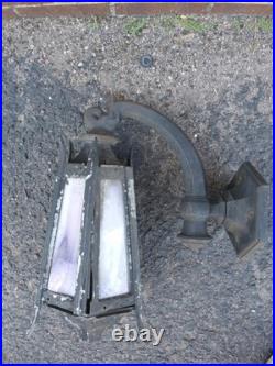 2 Antique Cast Iron & Slag Glass Gothic Architectural Wall Lamp Light Sconces