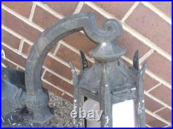 2 Antique Cast Iron & Slag Glass Gothic Architectural Wall Lamp Light Sconces